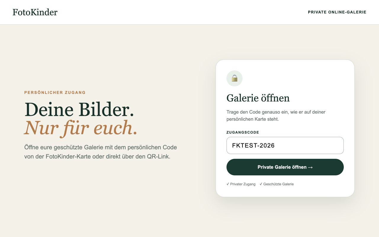 FotoKinder Galeriezugang mit Feld für den persönlichen Code