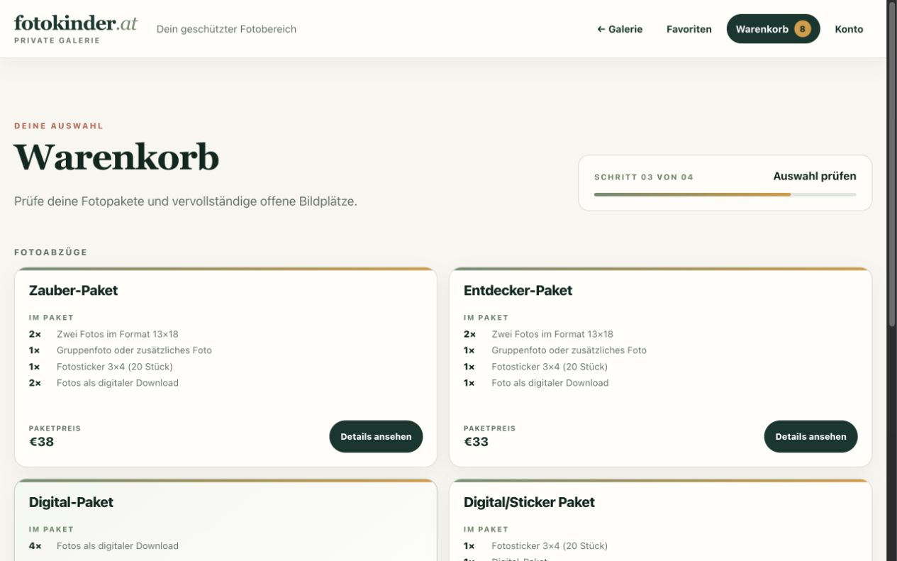 Übersichtliche FotoKinder Paketkarten mit enthaltenen Leistungen und Preisen