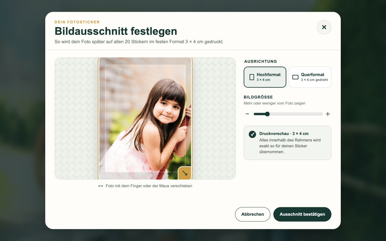 FotoKinder Editor zum Festlegen eines Fotosticker-Ausschnitts im Format 3 mal 4 Zentimeter