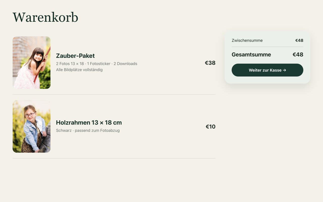 FotoKinder Warenkorb mit Bild, Produkt, Menge und Gesamtsumme